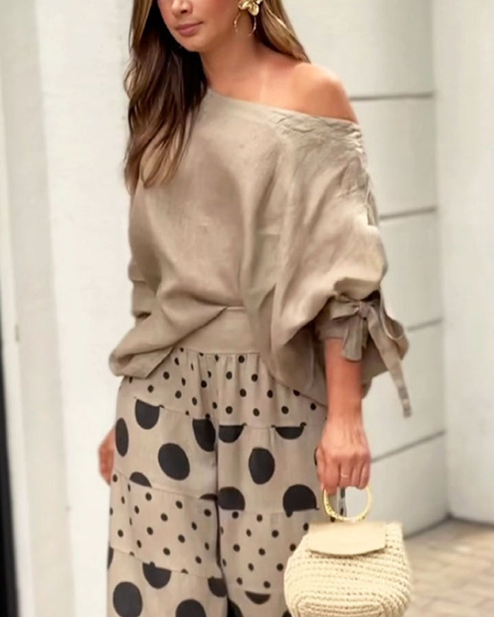 Simona | Conjunto de top de hombros suaves + pantalón estampado
