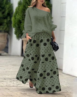 Simona | Conjunto de top de hombros suaves + pantalón estampado