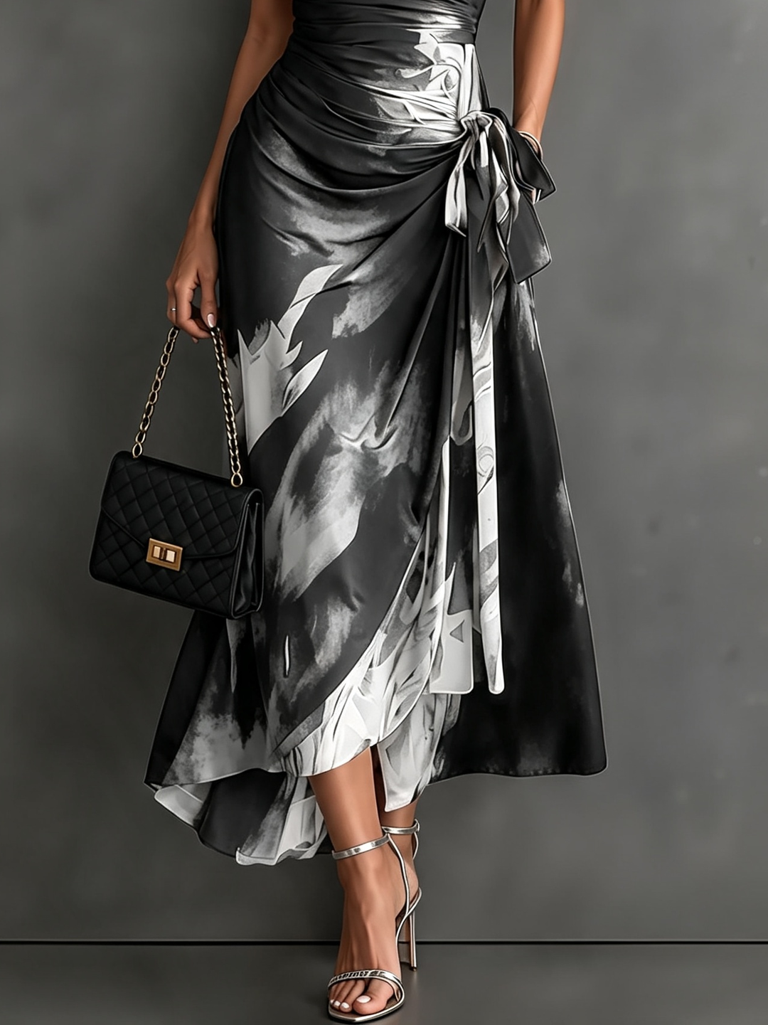 Rosanna | Vestido midi cruzado con estampado abstracto, escote en V, manga corta, cinturón y bajo asimétrico con volante