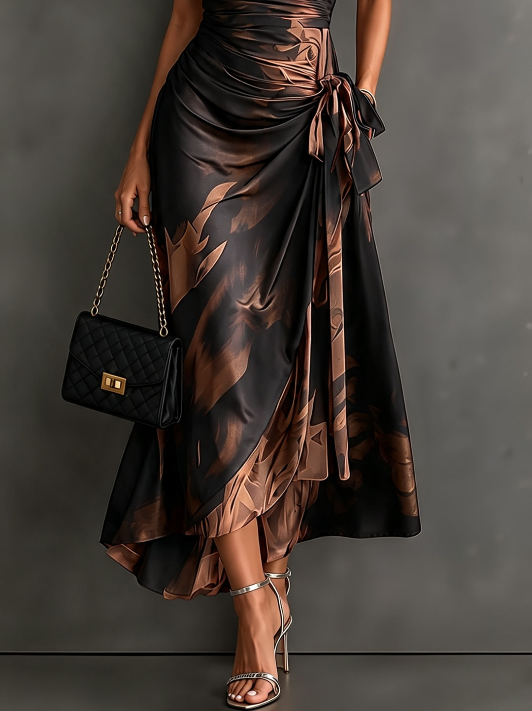 Rosanna | Vestido midi cruzado con estampado abstracto, escote en V, manga corta, cinturón y bajo asimétrico con volante