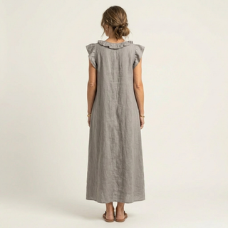 Monica | Vestido maxi de mezcla de lino con volantes y escote en V