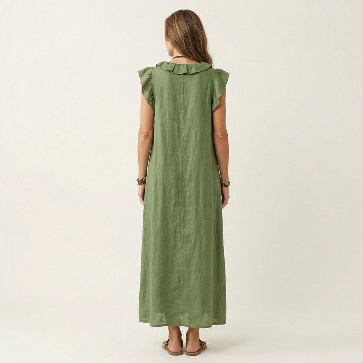 Monica | Vestido maxi de mezcla de lino con volantes y escote en V