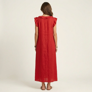 Monica | Vestido maxi de mezcla de lino con volantes y escote en V