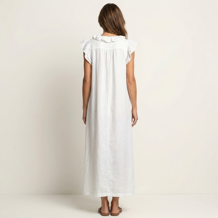 Monica | Vestido maxi de mezcla de lino con volantes y escote en V