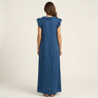 Monica | Vestido maxi de mezcla de lino con volantes y escote en V